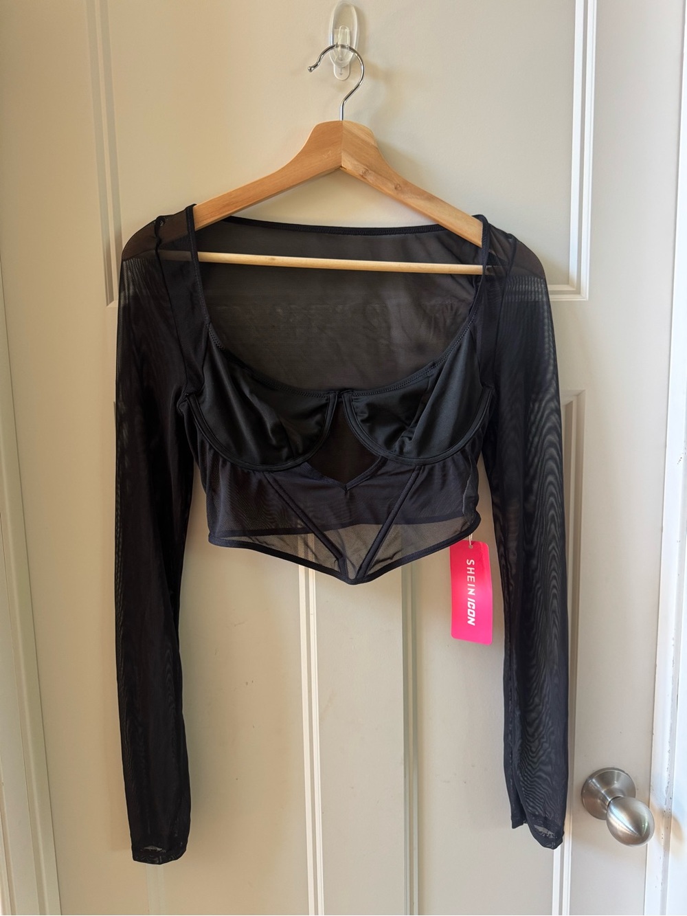 SHEIN Black Sheer Mesh Underwire Long-Sleeve Crop Top
